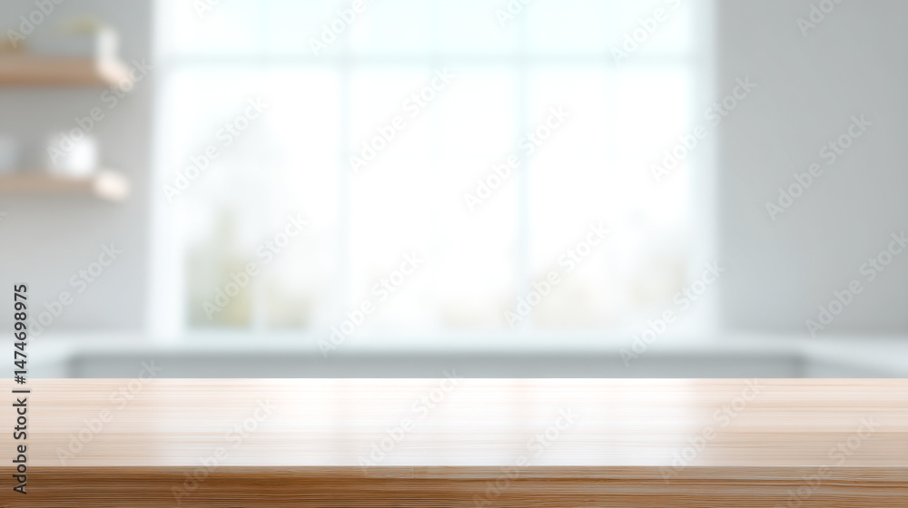 Fototapeta premium A bright, minimalist kitchen scene with a polished wooden countertop, perfect for showcasing products