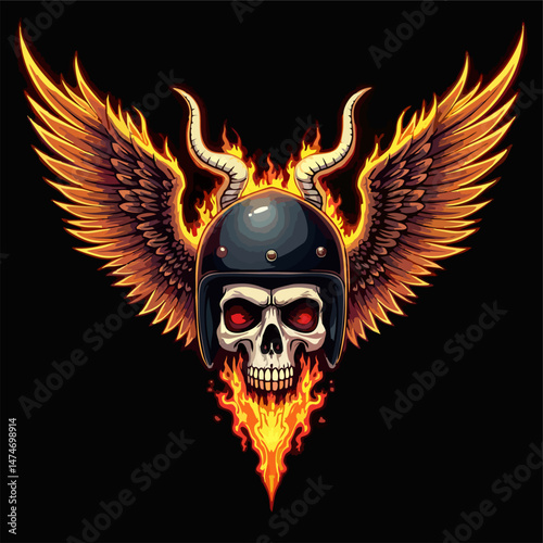 Biker vector t-shirt design with fire human skull,
motorcycle helmet, wings, horns on black background.
Fashionable print for fabric, paper, men clothing,
hoodie, biker jacket. T shirt template.