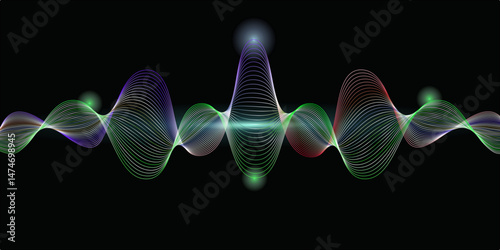 An abstract digital illustration featuring a colorful sound wave-like pattern against a black background. The design has a sense of energy and movement, making it suitable for a variety of application