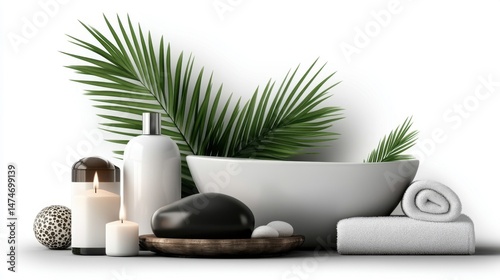 3D rendering of a spa still life with a bathtub, candles, and palm leaves on a white background. Suitable for a beauty salon or wellness center design concept.