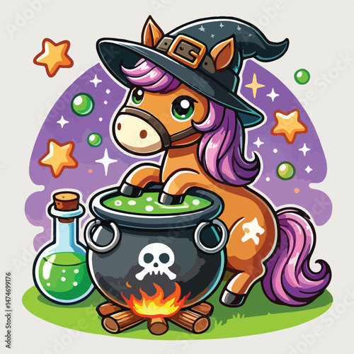 Cute Horse with Cauldron Poison Cartoon Vector Icon Illustration