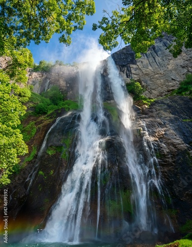 A stunning waterfall cascading down a rocky cliff surrounded by lush greenery.