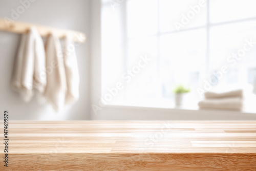 Wooden countertop space in a bright bathroom setting, ideal for product display or presentation