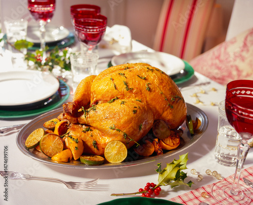 A beautifully set dinner table showcases a golden roast turkey, garnished with herbs and citrus on a platter. Surrounding dishes and decorations highlight the festive atmosphere.