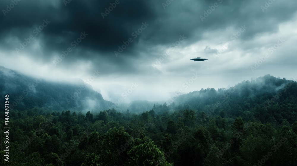 Mysterious Alien Spacecraft Hovers Over Invaded Nature Scene Under Dramatic Dark Cloudy Sky Mysterious Alien Spacecraft Hovers Over Invaded Nature Scene Under Dramatic Dark Cloudy Sky