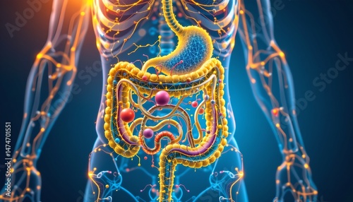 anatomical wireframe digestive system, vibrant lime, radiant blue background, macro focus, playful tones, vivid morning radiance, 3d rendering, conceptual, renewal.