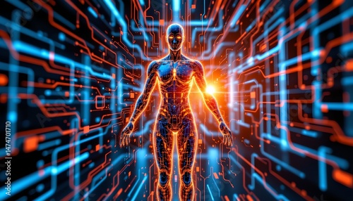 cybernetic body scan, data overlay, vibrant blue and orange color scheme, dynamic dutch angle, dramatic backlight, sunlit highlights, futuristic, high tech, research facility aesthetic