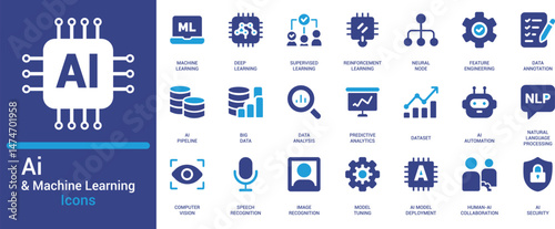 Minimal AI and Machine Learning icon set featuring data analysis, NLP, deep learning, and automation. Perfect for tech, analytics, and IT presentations.
