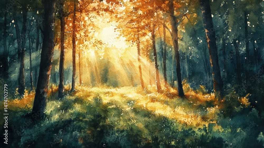 Fototapeta premium Majestic forest captured with sunlight filtering through tall trees creating a golden glow