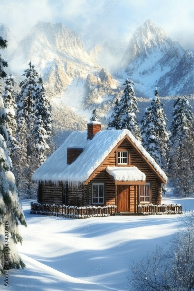Naklejka premium A cottage isolated in a snowy mountain valley