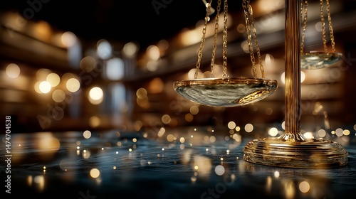 Scales of Justice in Library. Law concept of Judiciary, Jurisprudence and Justice. Copy space.Based on Generative AI photo