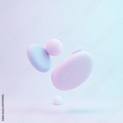 Soft, ethereal gradient background transitions from pale lavender to misty blue, providing a serene atmosphere. Delicately rendered, abstract 3D shapes in pastel hues of blush pink, powder blue, and m