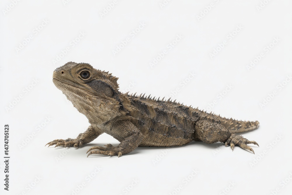 Fototapeta premium A young Tuatara lizard against a white background.