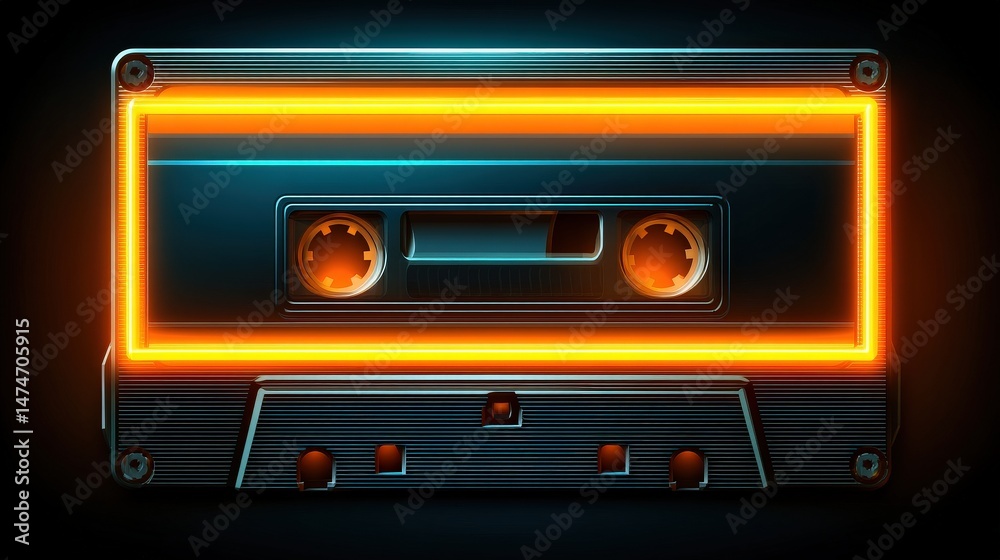 Fototapeta premium Retro cassette tape with glowing neon frame on dark background, nostalgic vintage music concept