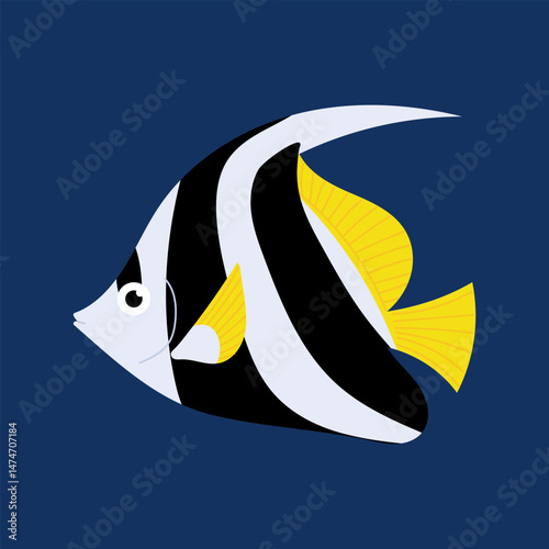 Aquarium. Tropical striped fish. Reef flat fish. Marine fauna. Underwater life.