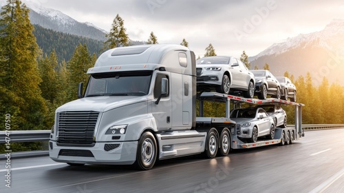 A white semi truck is carrying a load of cars