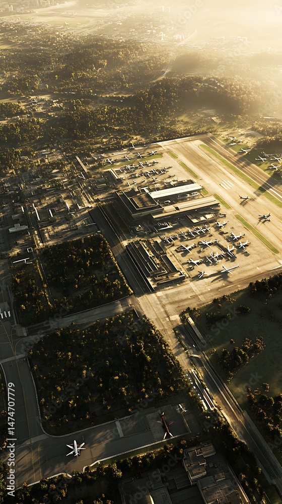 Obraz premium Aerial airport view with aircraft and infrastructure