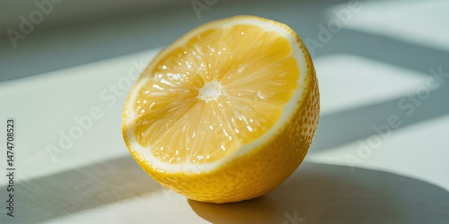 Closeup of a Juicy Yellow Lemon Half on White Background, citrous slice of vitamin C healthy nourishment fresh organic vegan fruit or dessert. Delicious half of citrus for drink
