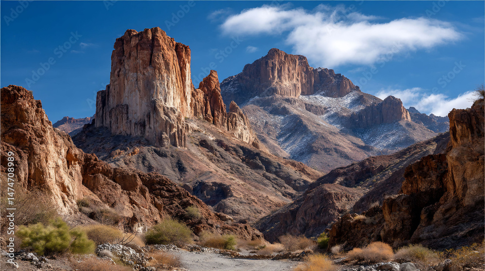 Obraz premium Desert canyon vista with majestic rock formations under a vibrant blue sky
