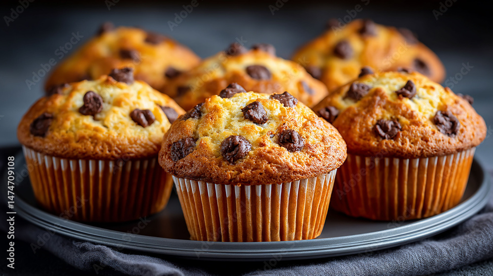 Delicious, moist chocolate chip muffins arranged on a plate with gray background Delicious, moist chocolate chip muffins arranged on a plate with gray background