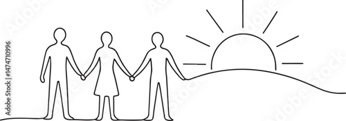 Sunrise and People Holding Hands Line Art
