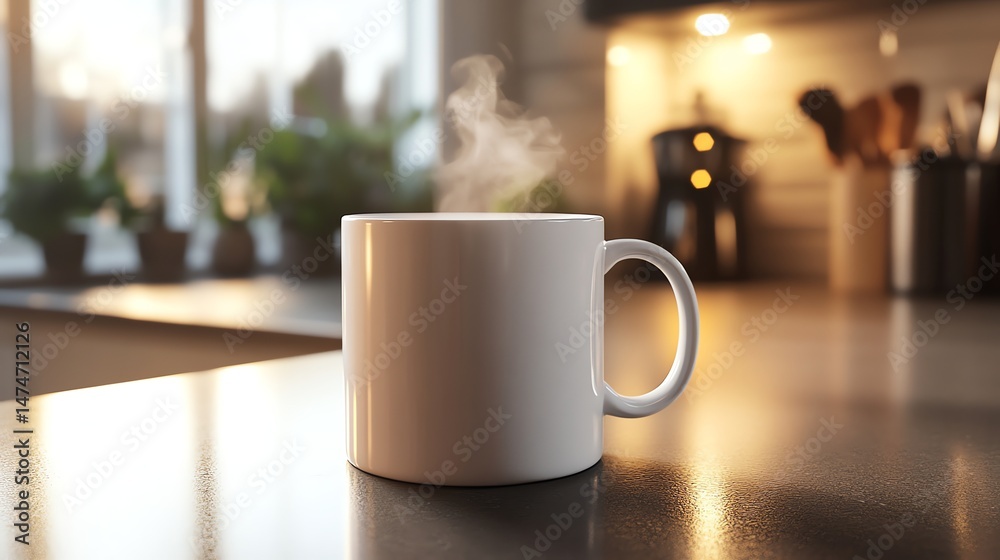 Fototapeta premium Warm morning light illuminates a steaming mug on a sleek kitchen cou