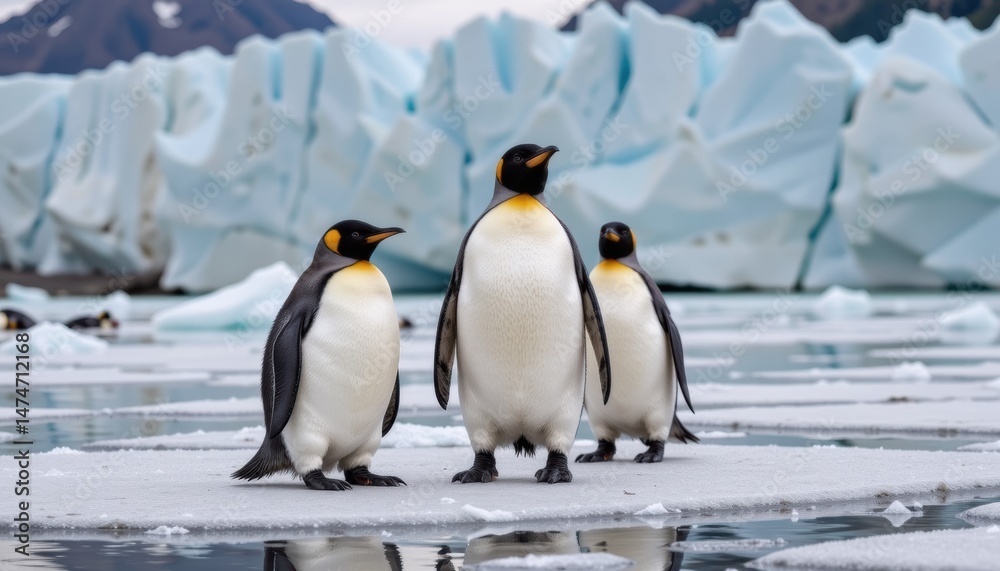 Fototapeta premium Three penguins standing on ice near glaciers.