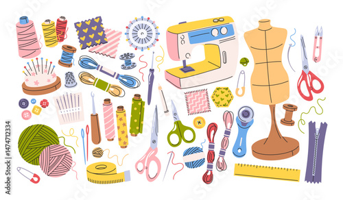 Sewing elements hand drawn set with needlecraft equipment, tailoring tools, craft workshop supplies