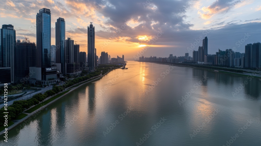 Fototapeta premium A stunning urban skyline at sunset, reflecting on a calm river, The vibrant colors and modern architecture create a perfect backdrop for tourism, city life, or real estate concepts,