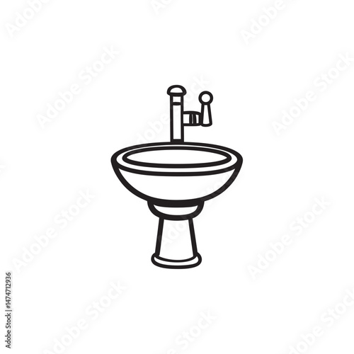 A vintage washbasin with faucet is presented in an attractive line drawing