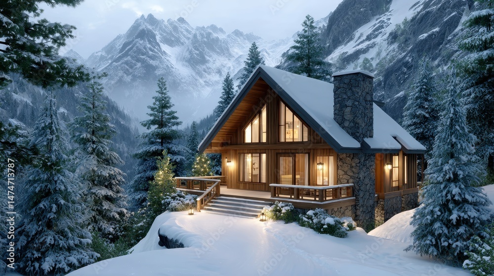 Naklejka premium Aerial View of a Cozy Cabin in the Snowy Mountains with Glowing Warm Lights