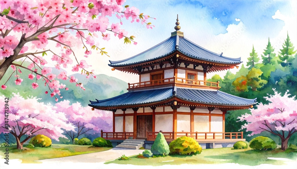 Japanese temple cherry blossoms watercolor concept. Traditional Asian temple surrounded by cherry blossoms and lush greenery. Japanese temple cherry blossoms watercolor concept. Traditional Asian temple surrounded by cherry blossoms and lush greenery.