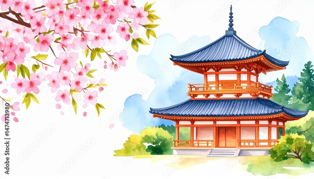 Fototapeta premium Japanese temple cherry blossoms watercolor concept. Traditional Japanese pagoda surrounded by cherry blossoms.