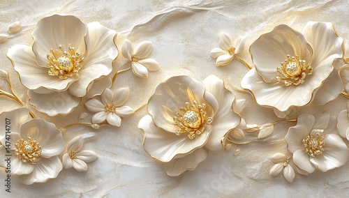 Ornamental Cream And Gold Flowers On Beige Background