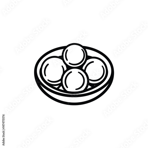 A black and white line drawing of four mochi on a plate