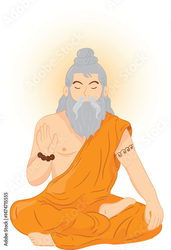  Meditating Hindu Sage in Saffron Robe 

