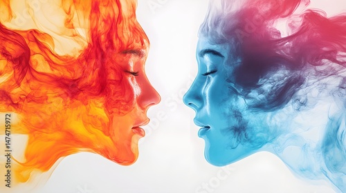 Emotional contrast between warm and cool colors in artistic portrait studio digital art abstract close-up expression