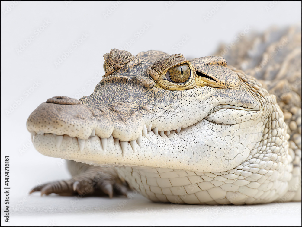 Obraz premium Profile of a young crocodile with scales, sharp teeth, and bright yellow eyes