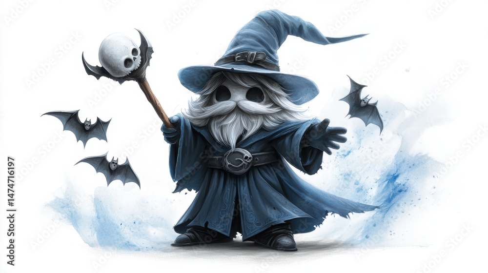 Obraz premium A whimsical wizard character with a long beard, wearing a blue robe and hat, holds a staff topped with a skull, Bats fly around him, adding a playful, magical vibe, Perfect for fantasy-themed designs
