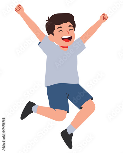 Happy Boy Jumping with Arms Raised in Excitement and Joyful Expression Illustrating Playfulness