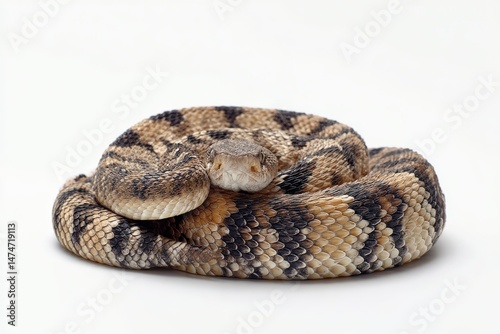 Wallpaper Mural Close-up of a coiled rattlesnake, showcasing its intricate pattern and texture.  Neutral background emphasizes the reptile's details. Torontodigital.ca