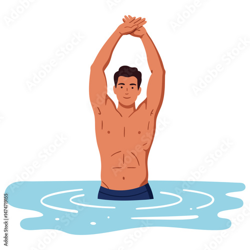 Male Figure Stretching Arms Overhead in Water Surrounded by Calm Blue Waves and Bright Sky
