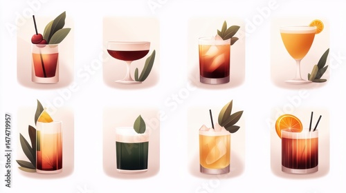 Wallpaper Mural A collection of stylish cocktails depicted in vibrant illustrations, showcasing various drinks garnished with fruits and leaves, Ideal for bar menus, event promotions, or beverage-related content, Torontodigital.ca