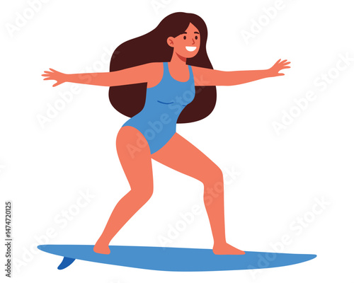 Young Woman Surfing in Blue Swimsuit, Enjoying Exciting Water Sport on a Bright Day
