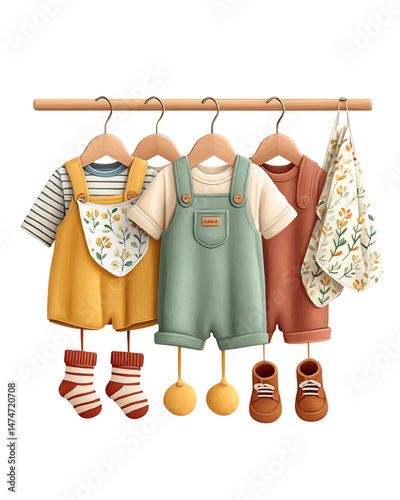 Adorable Baby Clothes Hanging on Wooden Rack Yellow, Green, and Terracotta Outfits