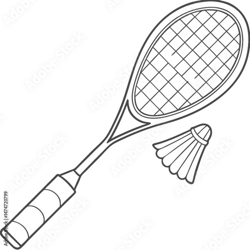 Badminton Racket and Shuttlecock in Black and White Illustration