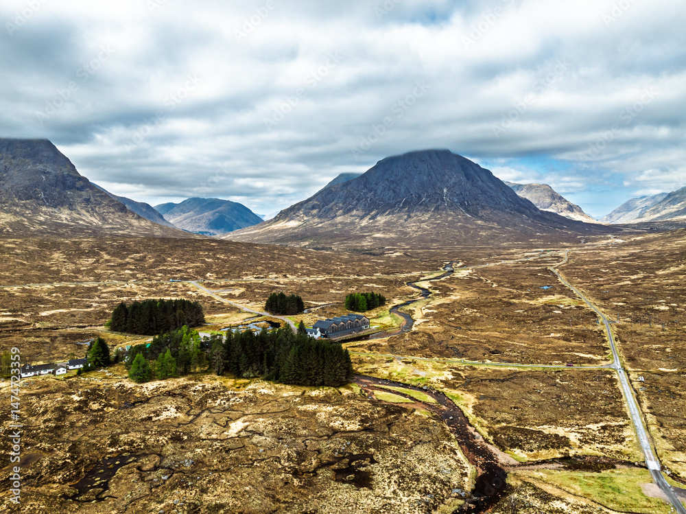 Moors and Road A82 over Glencoe Valley from a drone, Highland, Scotland