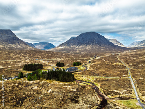 Obraz na płótnie Moors and Road A82 over Glencoe Valley from a drone, Highland, Scotland w salonie