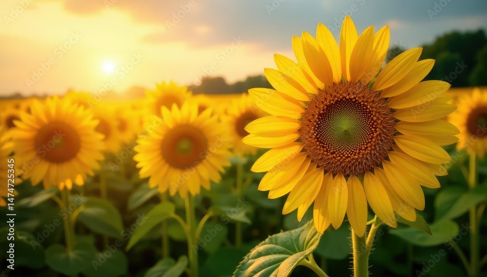 Field of sunflowers basking in golden sunlight, landscape, solar Field of sunflowers basking in golden sunlight, landscape, solar