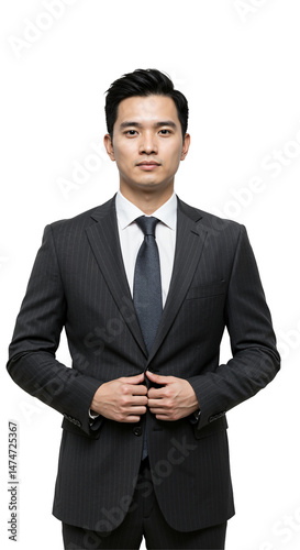 Portrait of a mid-adult East Asian man wearing a formal grey pinstripe suit and tie, buttoning his jacket, isolated on transparent background